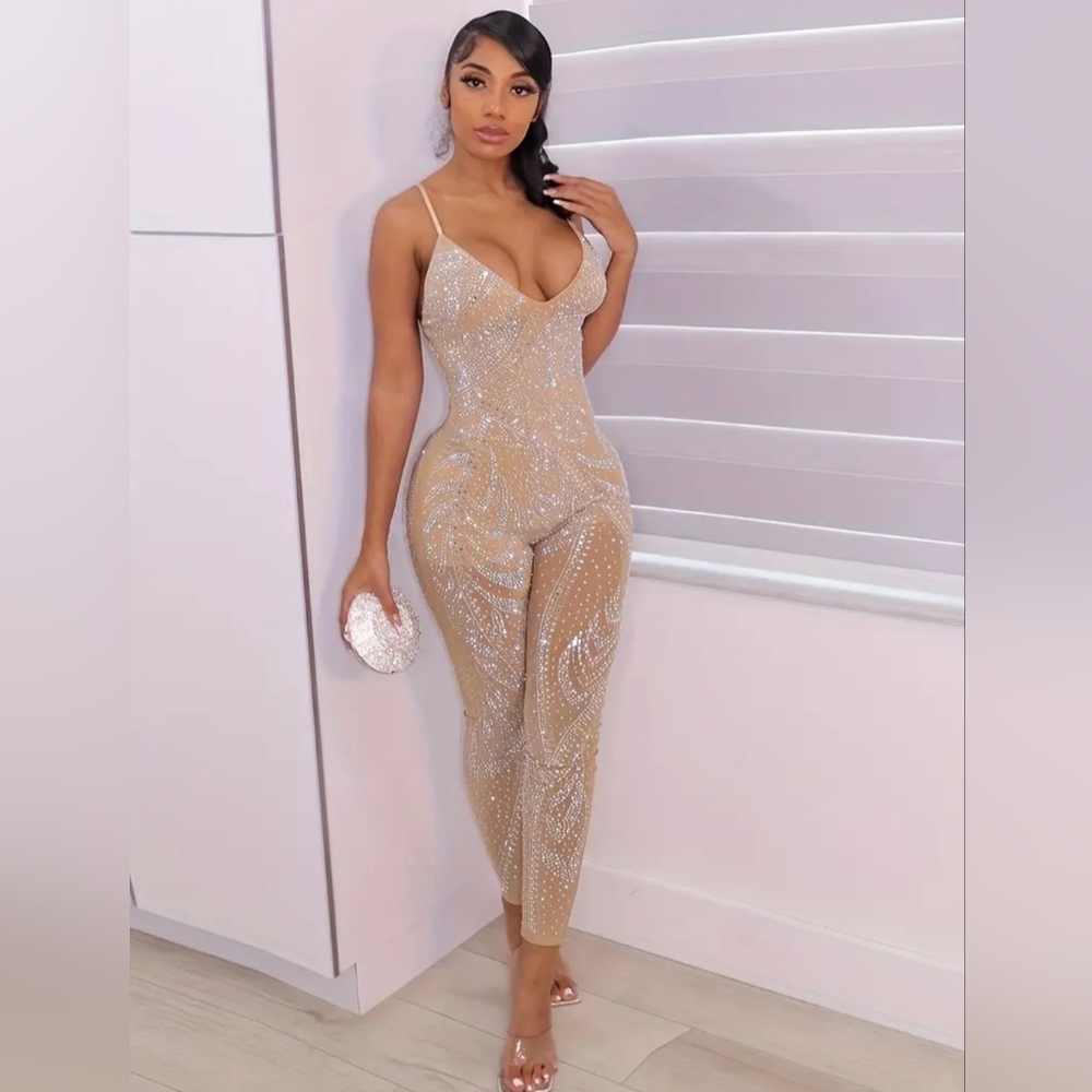 Elegant Beige Jumpsuit with Sparkling Accents